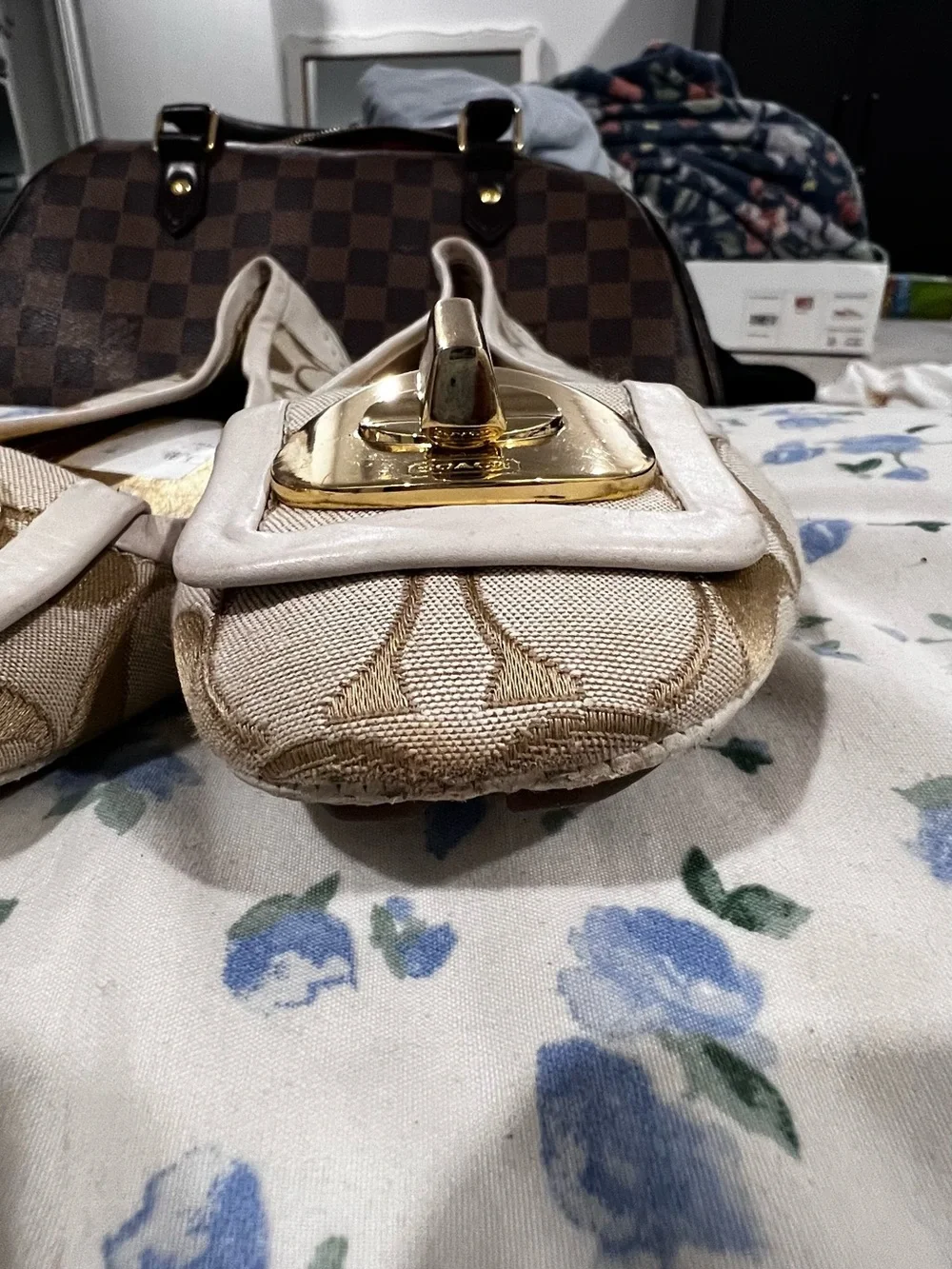 Coach Beige Logo Ballet Flats with Gold-Tone Buckle